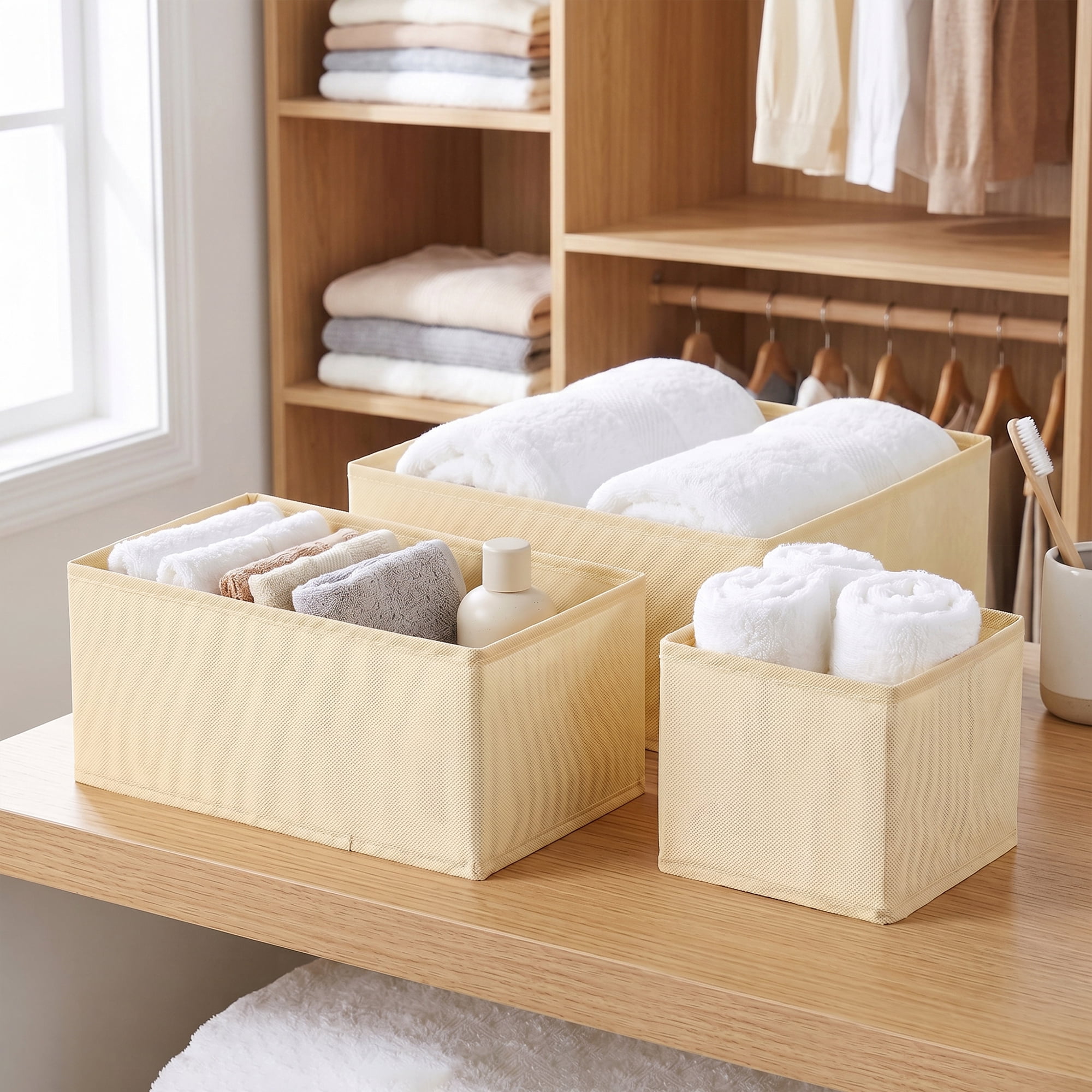 Unique Bargains Collapsible Storage Bin with Zipper for Shelves Closet Beige 6PCS