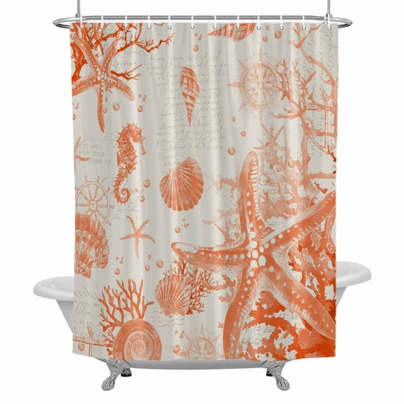 Vintage Starfish Bathroom Shower Curtain, Coral Seahorse Shell Ocean Orange Waterproof Washable Soft Bath Curtain for Bathtub Decor with 12 Hooks&Grommet, 36x78 Inch