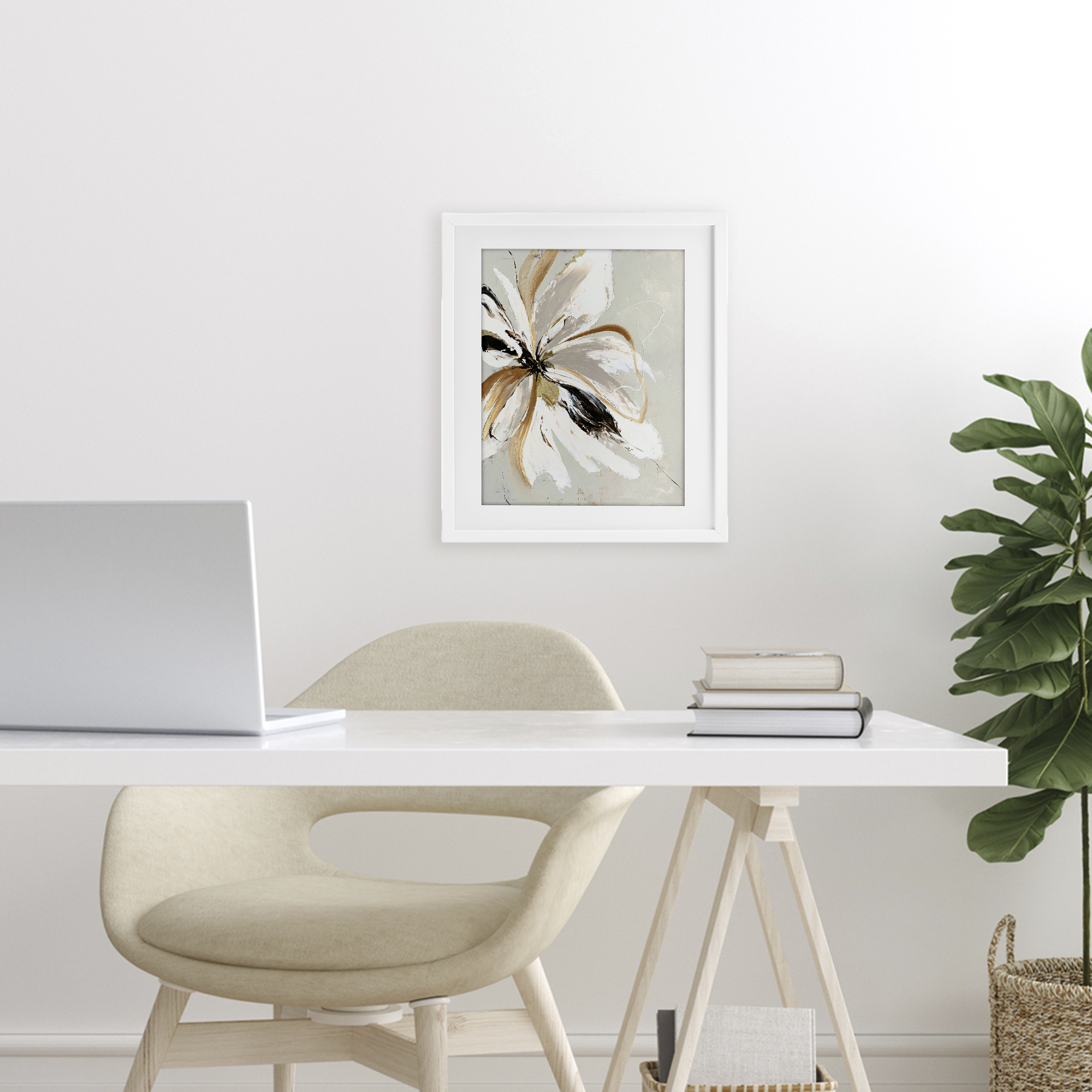 Expressive Cornelia Flower White Framed Print Under Glass, design by Design Fabrikken