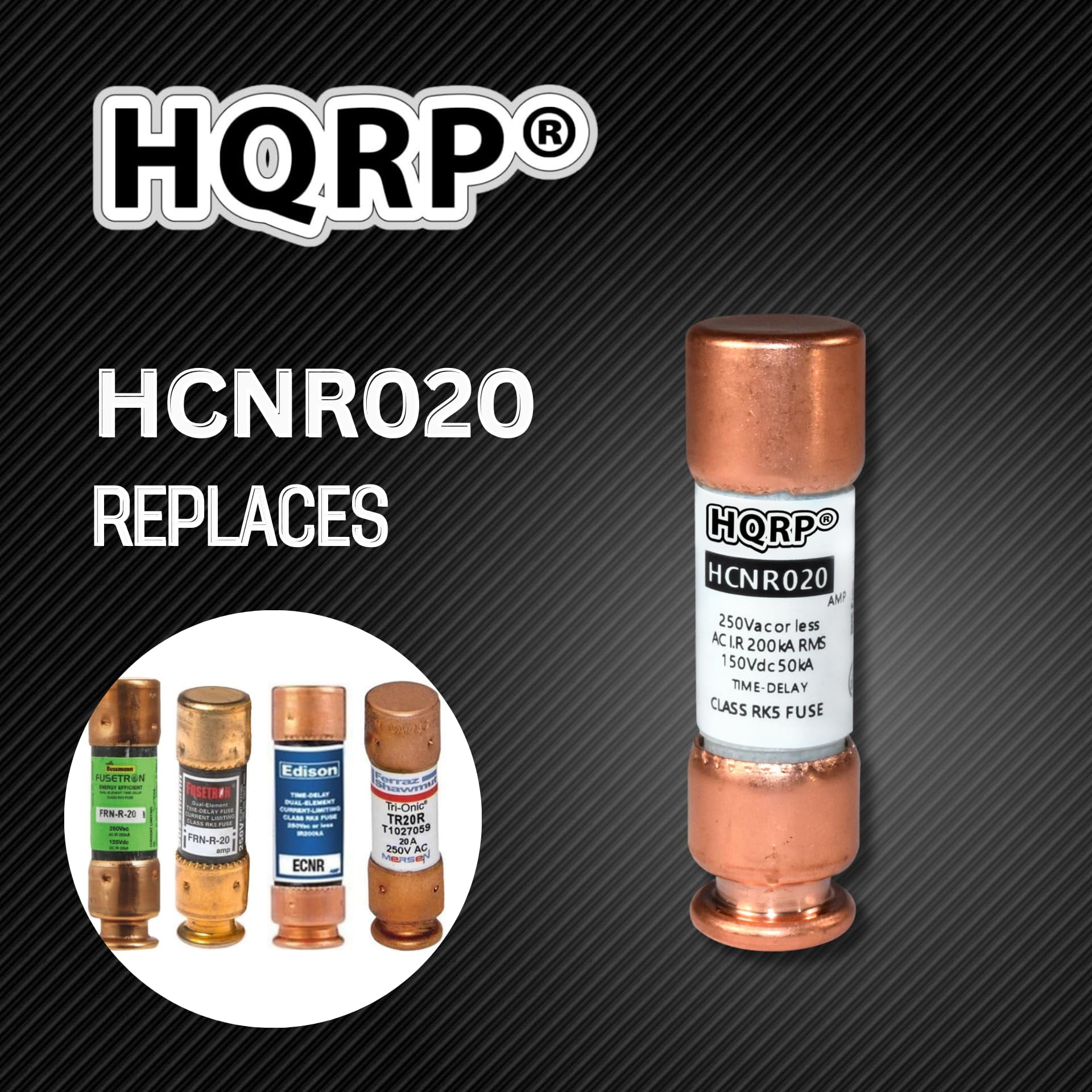HQRP 5-Pack HCNR020 20 Amp 250V Dual Element Time-Delay Fuse, Class RK5 Replacement for Bussmann BP/FRN-R-20, Edison ECNR20, Littelfuse FLNR020.T FLN-R-20 FLNR-20