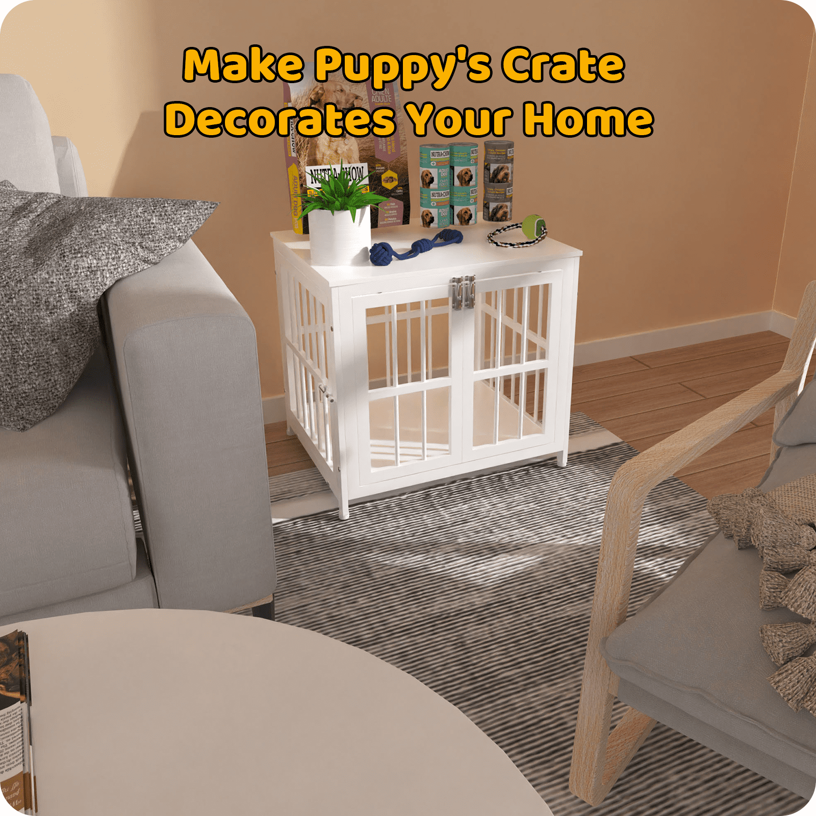 Ironovahome 26" Heavy Duty Dog Crate Furniture, Chew-Proof & Escape-Proof Wooden Dog Cage with Safe Locks & Double Doors, Indoor Dog Kennel Pet House for Small Dogs Up to 10lb, White
