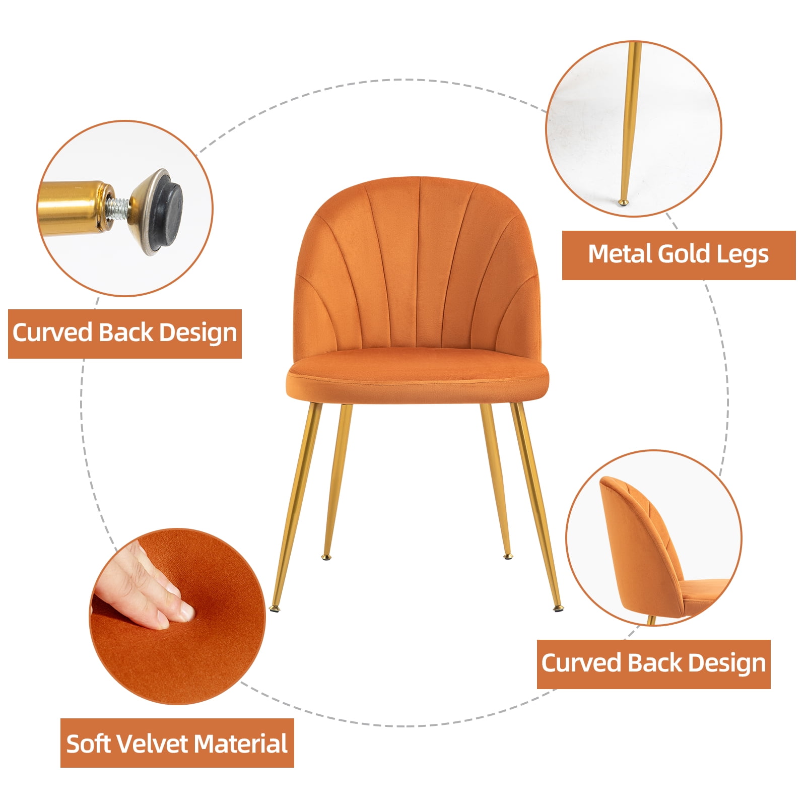 Newnno Velvet Modern Dining Chairs Set of 2, Upholstered Armless Accent Side Chair with Metal Legs for Kitchen Dining Room, Orange