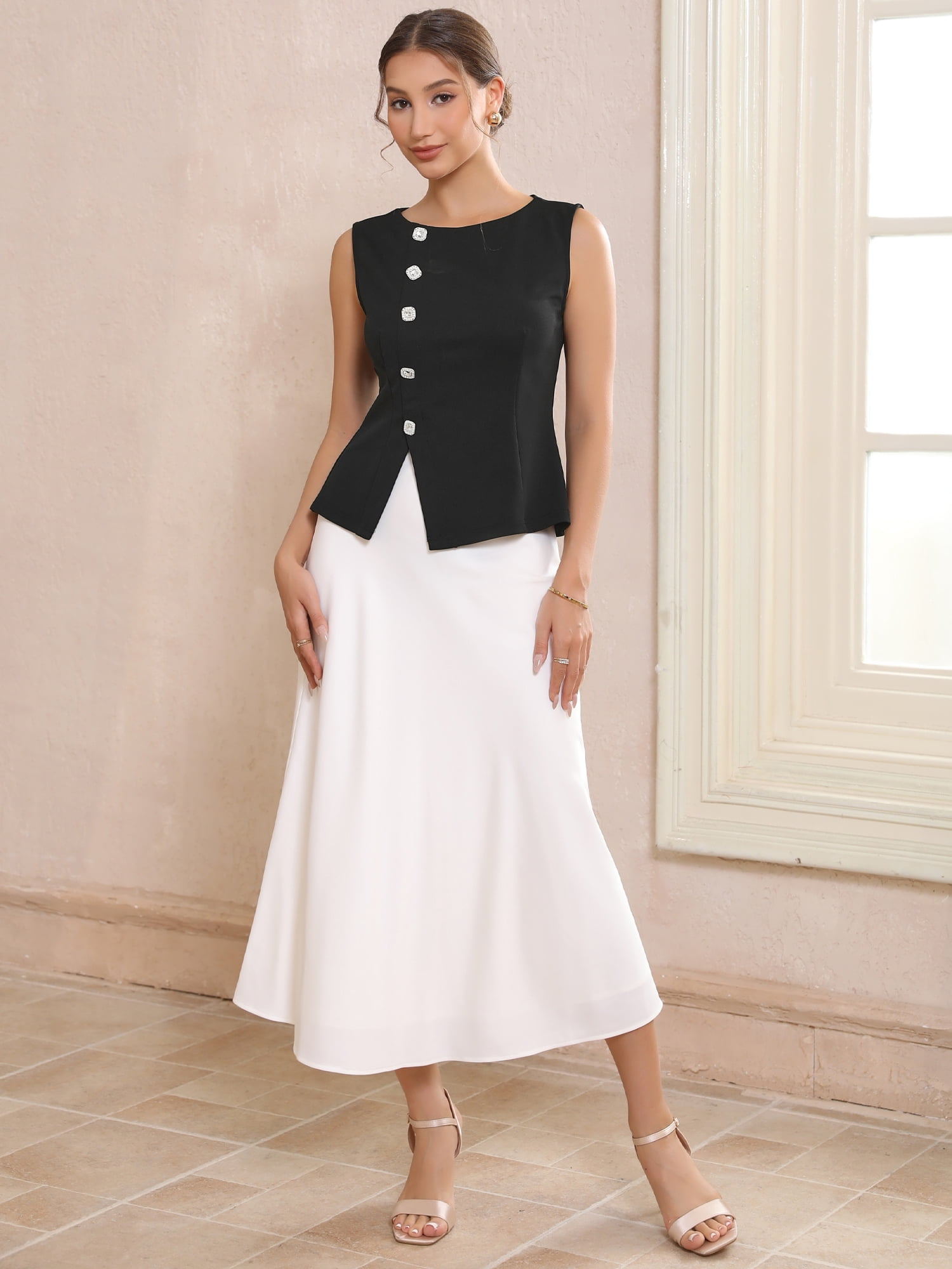 DARING DIVA Women's Sleeveless Formal Button Round Neck Cropped Peplum Vest Top 2XL Black