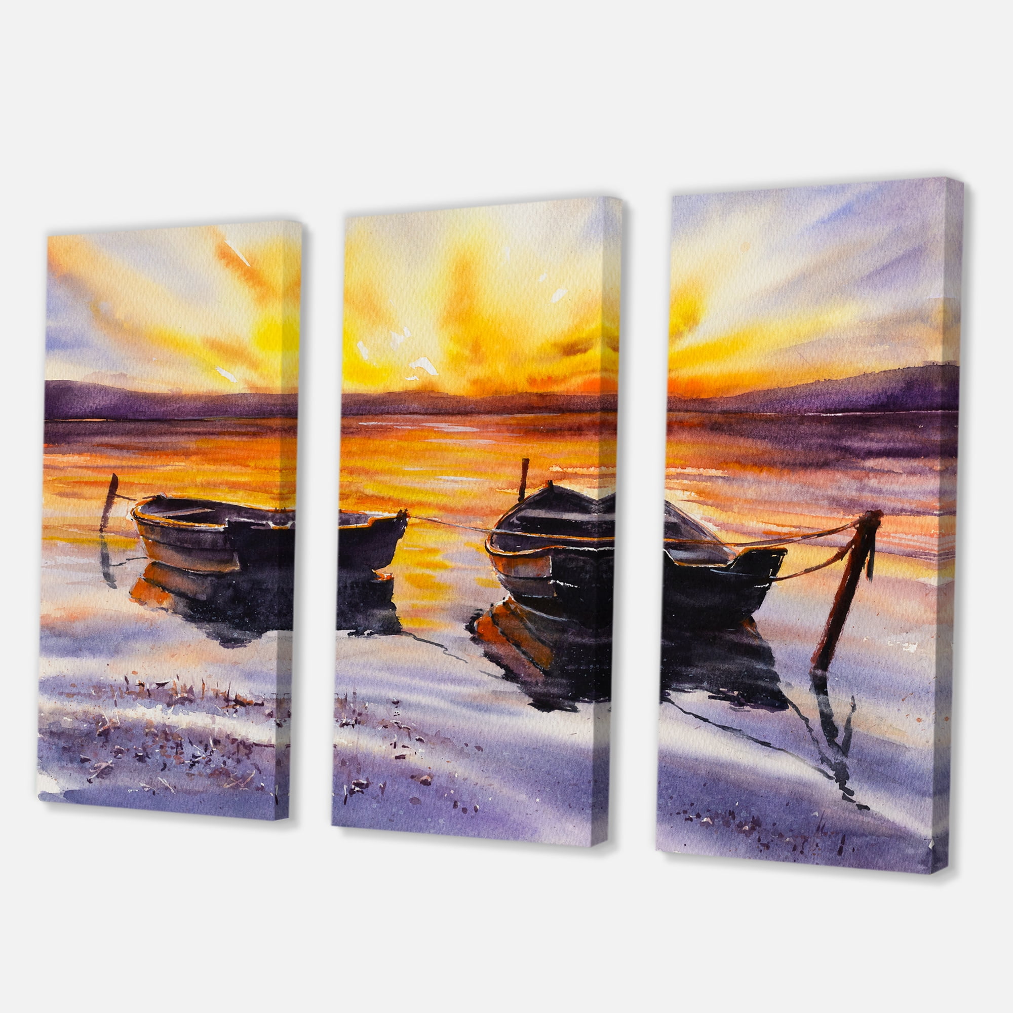 Two Small Boats Parking On The Shore and Sunset 28 in x 36 in Painting Canvas Art Print, by Designart