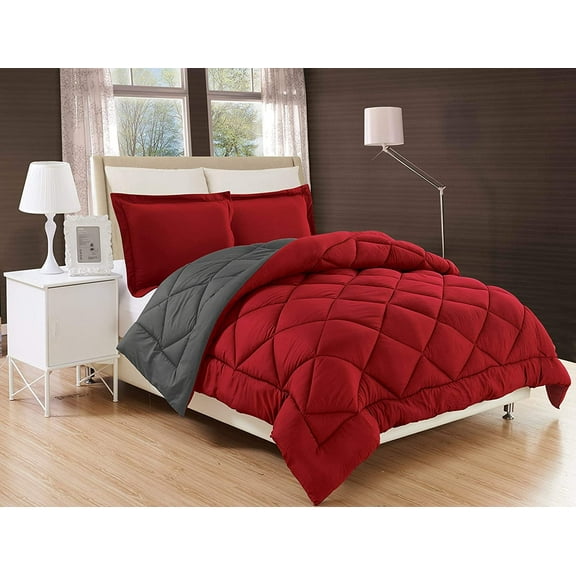 Elegant Comfort Goose Down Alternative Classic Baffle-Box 3-Piece Comforter Set, Twin, Red/Gray