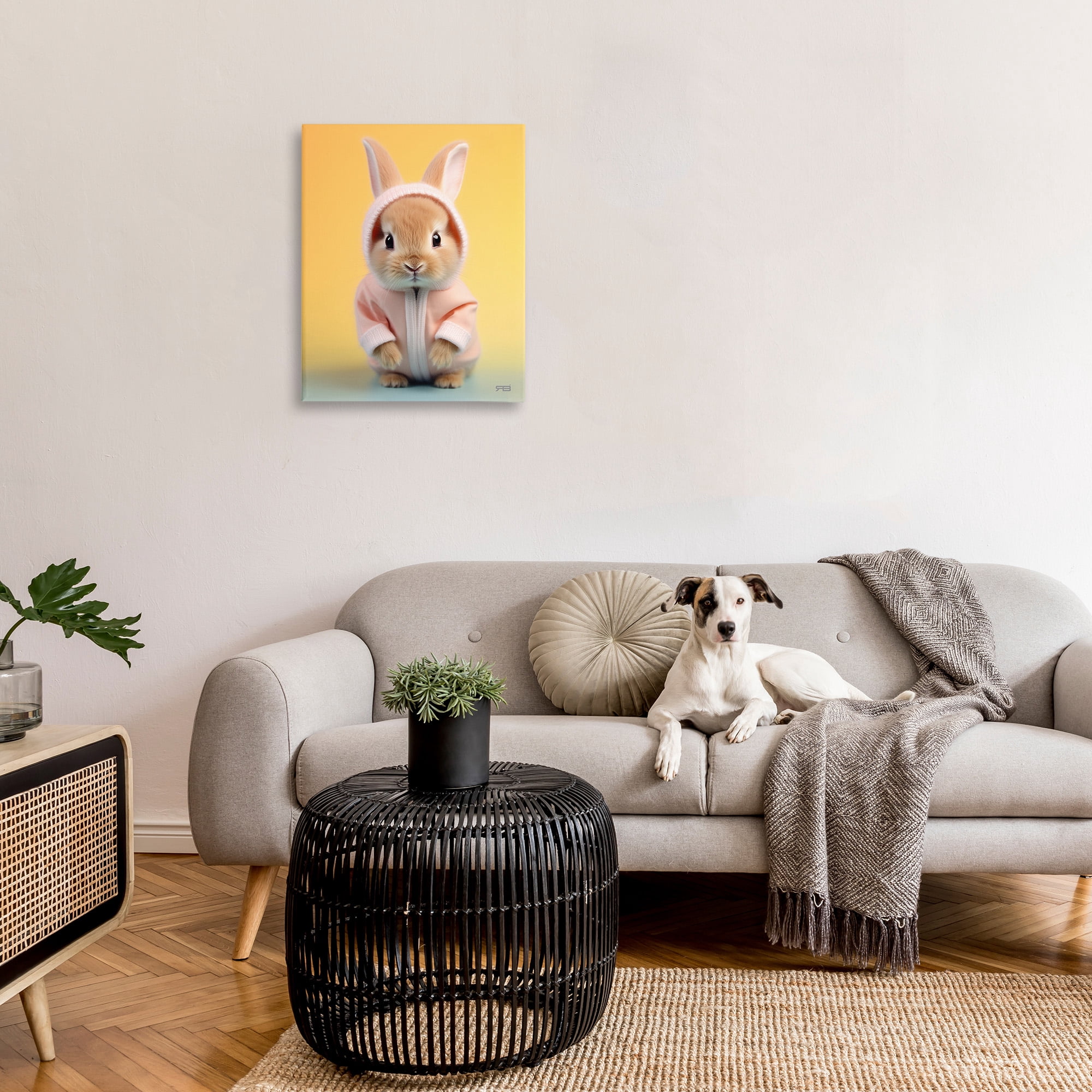 Stupell Industries Cozy Bunny on Yellow Animals & Insects Painting Gallery Wrapped Canvas Art Print Wall Art, 24 x 30