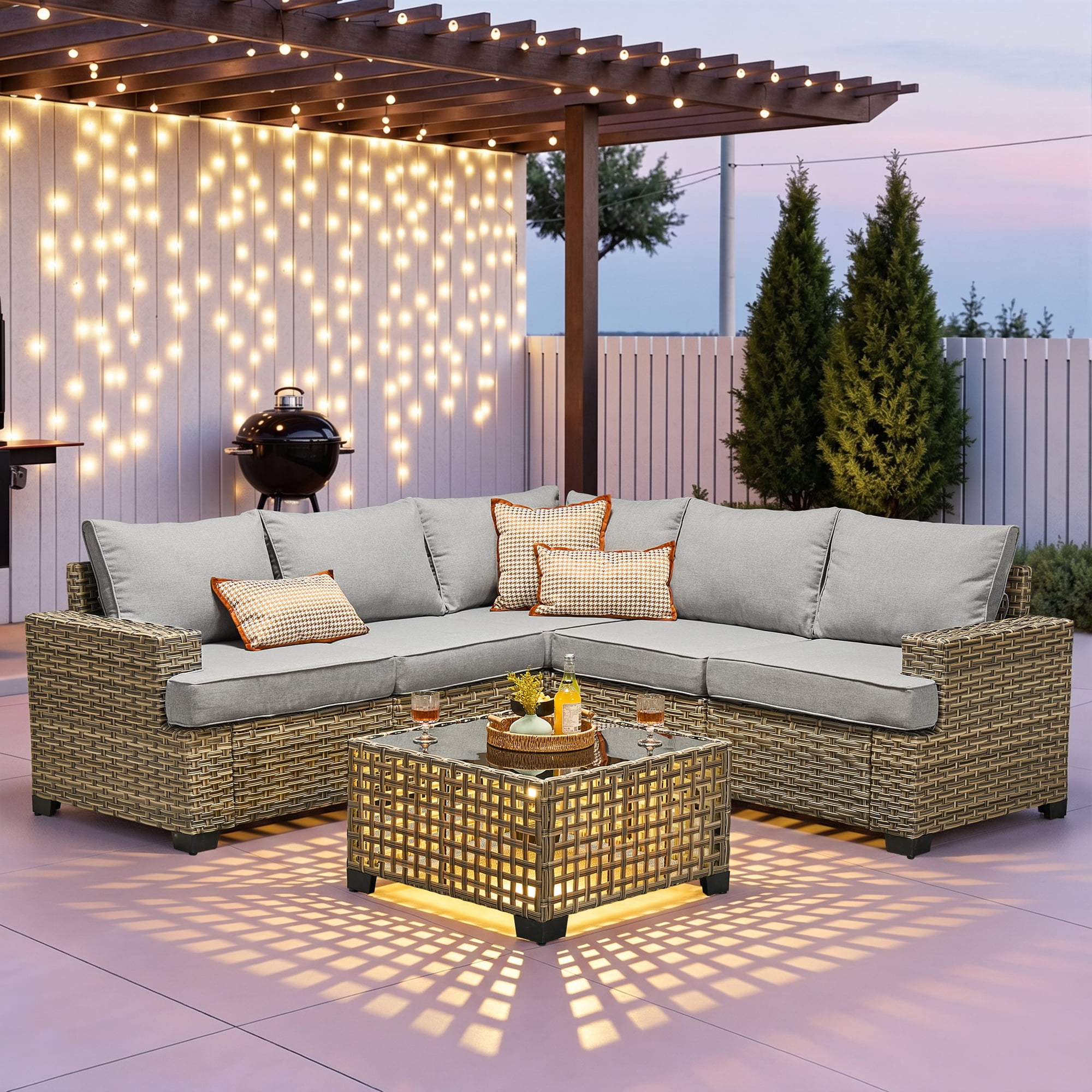 Ovios 6-Piece Outdoor Patio Furniture Set with Solar-Powered Lighted Coffee Table, All-Weather Wicker L-Shaped Sectional Sofa, Gray