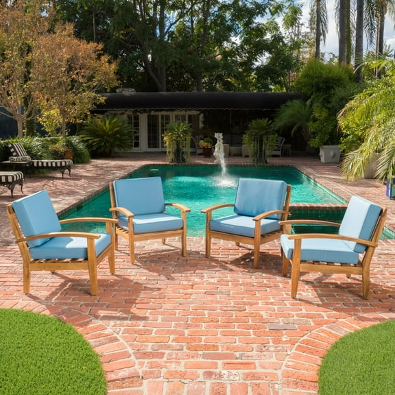 Aletta Outdoor Acacia Wood Club Chairs with Cushions, Set of 4, Teak, Blue