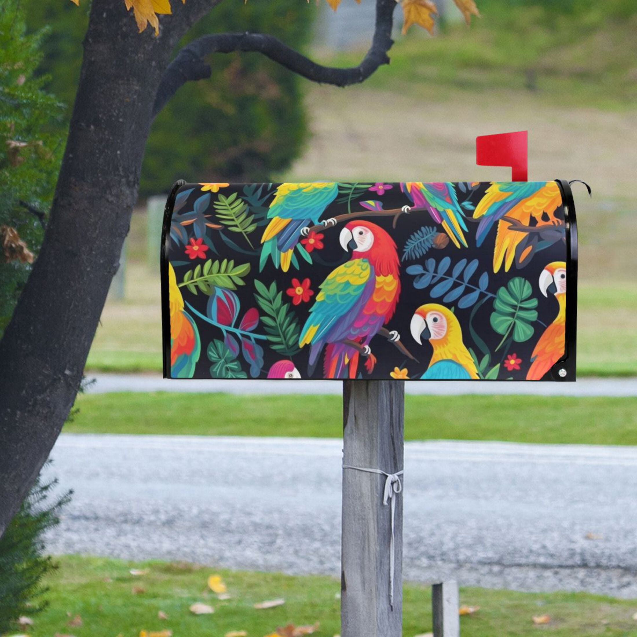 Colorful Parrot Bird and Leaf Magnetic Mailbox Covers 25.5" X 21" Post Letter Box Wraps Waterproof Garden Yard Outdoor Decoration