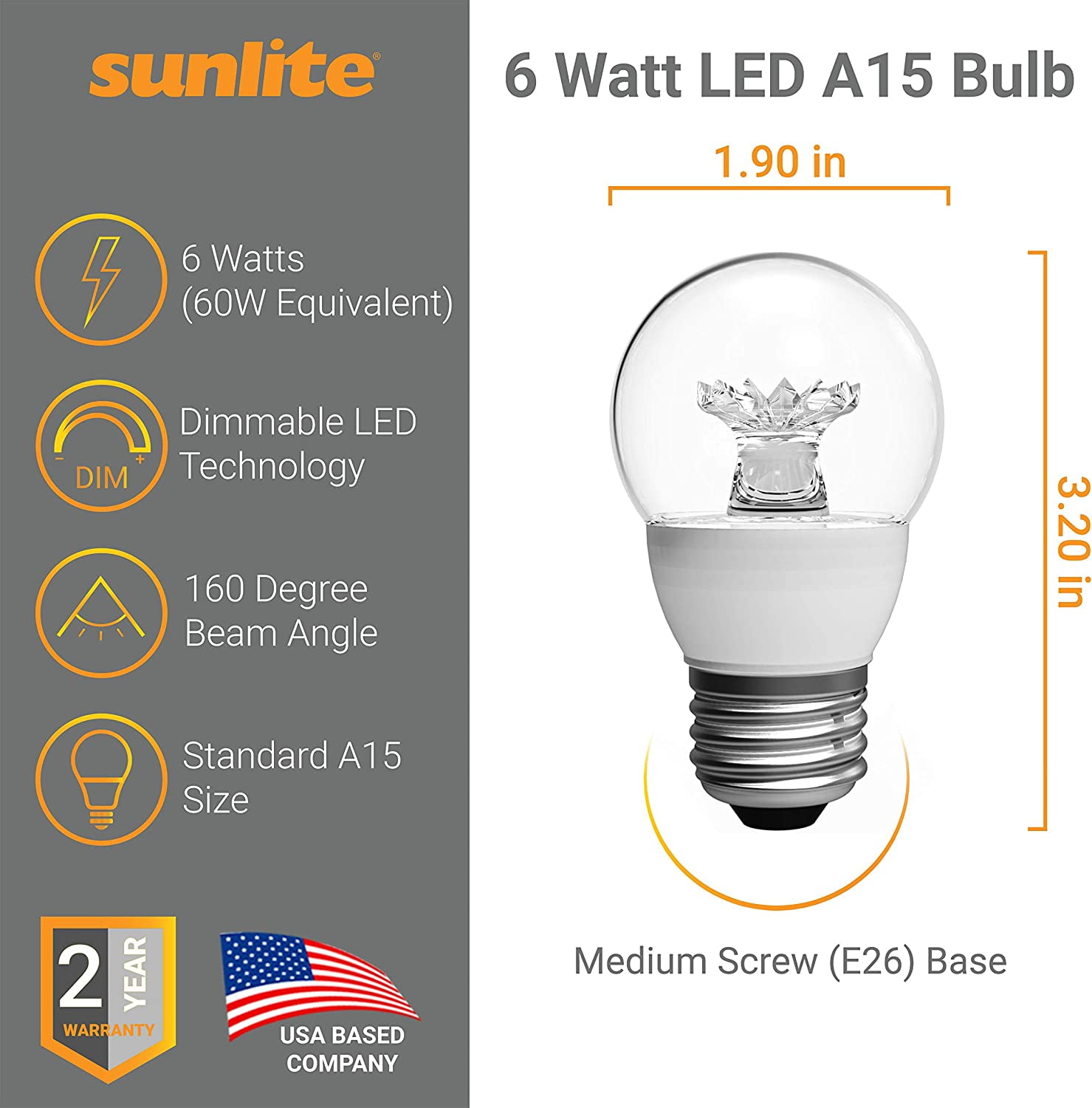 Sunlite LED A15 Appliance Clear Light Bulb, 6 Watts (40W Equivalent), Medium E26 Base, Dimmable, Clear, ETL Listed, 3000K Warm White, 6-Pack