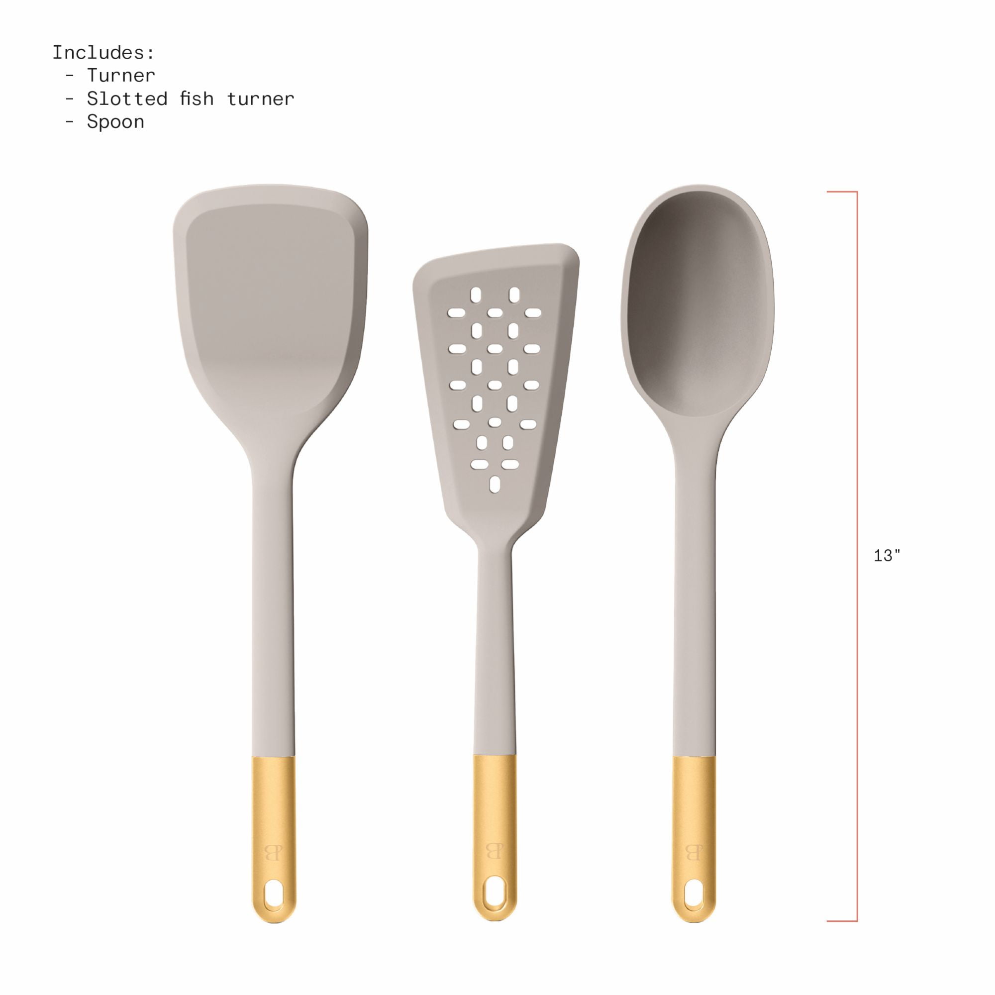 Beautiful 3-Piece Silicone Kitchen Utensil Tool Set, Porcini Taupe by Drew Barrymore