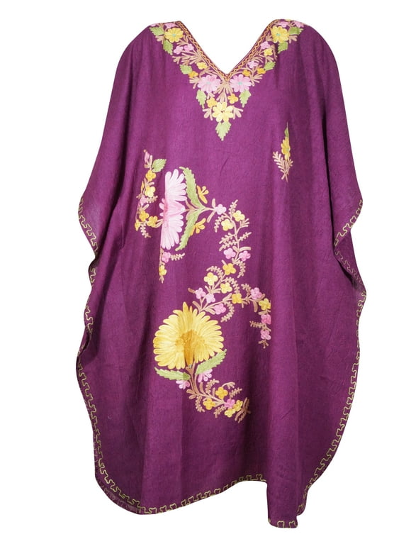 Mogul Women Dark Purple Floral Embroidery Caftan Dress V-Neck Kimono Resort Wear Mid Length Cover Up Kaftan Dresses 2XL