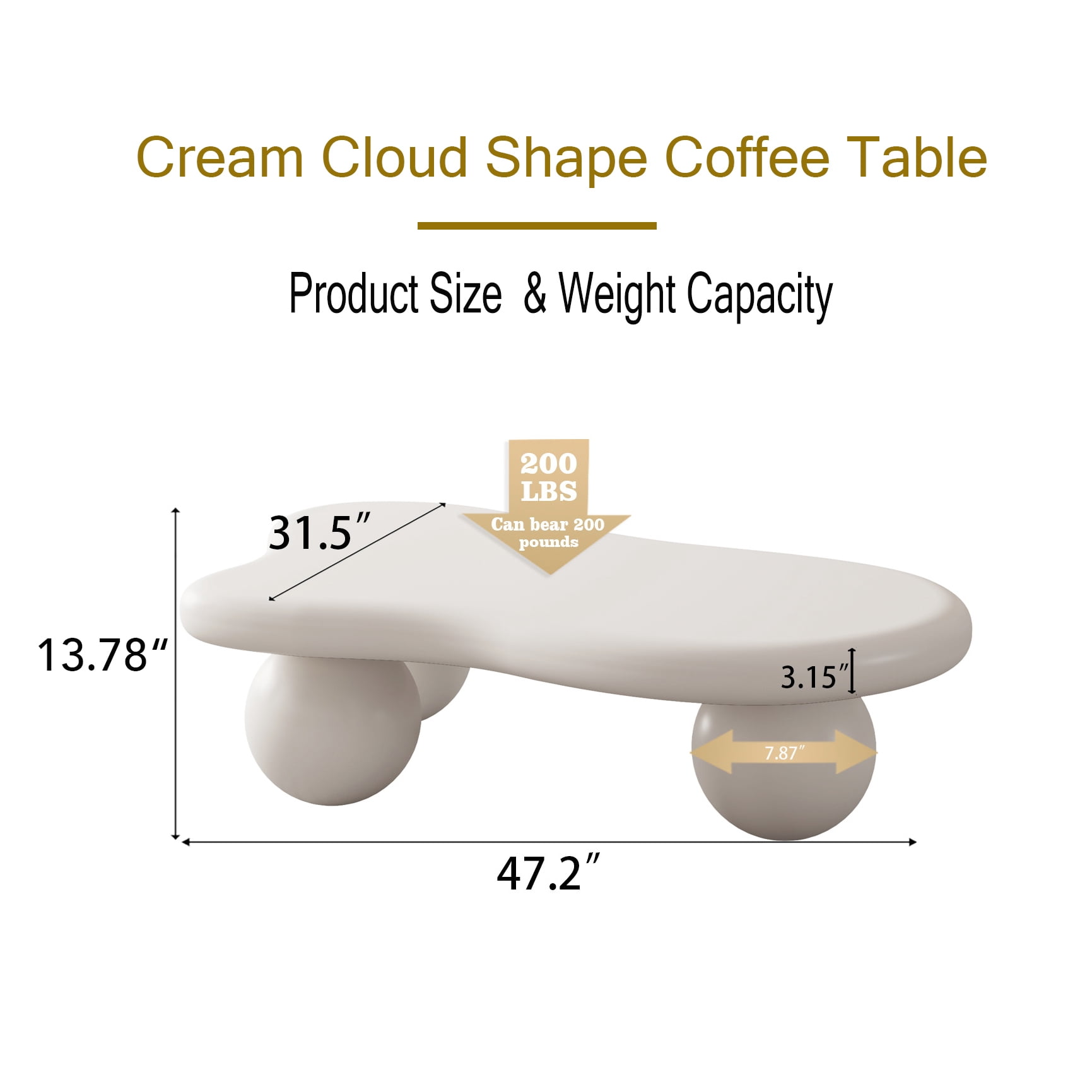 47 Inch Cloud Shaped Coffee Table with 3 Ball Legs for Living Room, Cream White