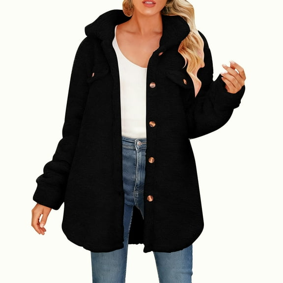 Sexlip Fuzzy Fleece Jackets for Women Fashion Long Sleeve Lapel Button Down Long Teddy Coat Faux Fur Warm Winter Outwear Black S