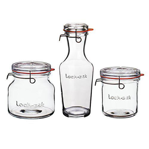 Luigi Bormioli Lock-Eat 3 piece Jar Set 25.25 oz, 50.75 oz, 34 oz, Set of 3, Clear