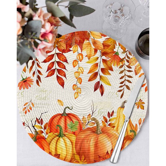 15 Inch Round Placemats Set of 6, Orange Pumpkins Fall Non Slip Heat Insulation PP Table Mats, Thanksgiving Botanical Maple Leaves Falling Washable Place Mats for Kitchen Dining Party Table Decor