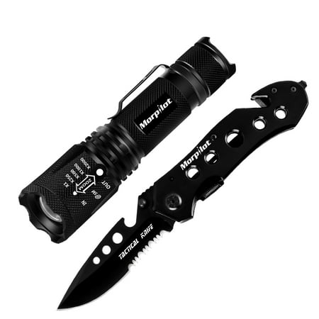 Personal Rescue Light Morpilot Tactical Flashlight Set, Tactical LED Torch, 5 Mode Portable Handheld LED Flashlight, Outdoor Water Resistant Torch for Camping, Hiking, Backpacking, Fishing / Rescue Pocket Knife ()