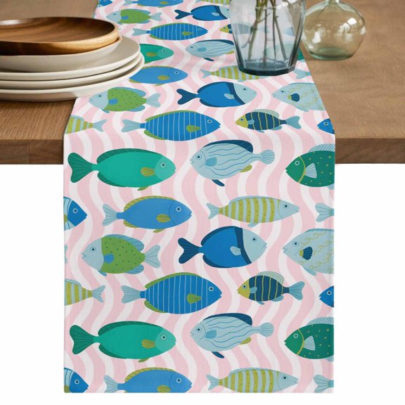 Pink Fishes Table Runner 90 Inches, Cartoon Coastal Ocean Fish Striped Bed Runner Dresser Scarves Tabletop for Indoor Outdoor Parties/Ceremony/Banquet, 13" x 90"