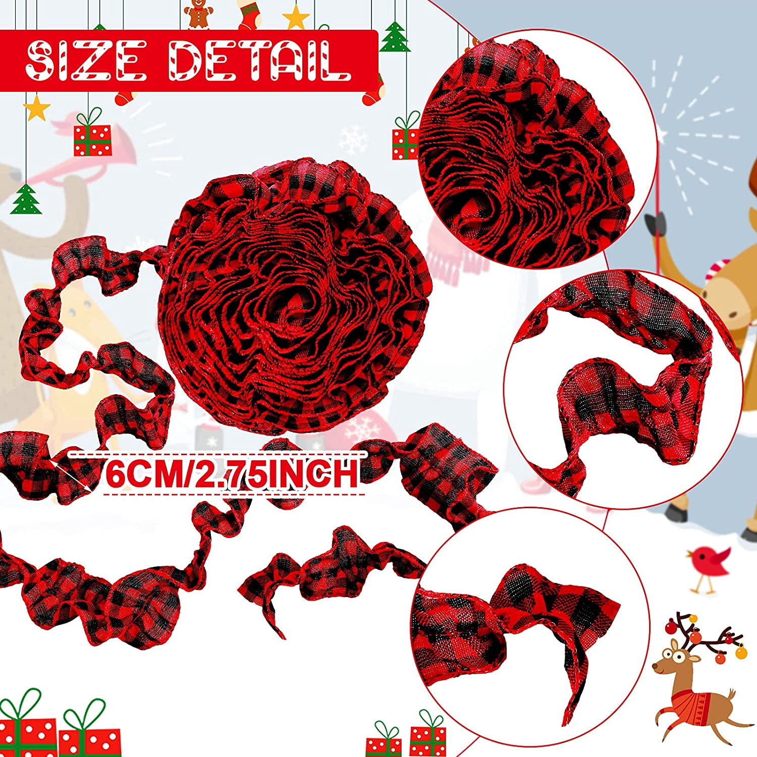 27ft Christmas Buffalo Plaid Ribbon Ruffled Homespun Fabric Garland, Christmas Tree Ribbon Decorations for Christmas Home Wreath Staircase Tree Decor