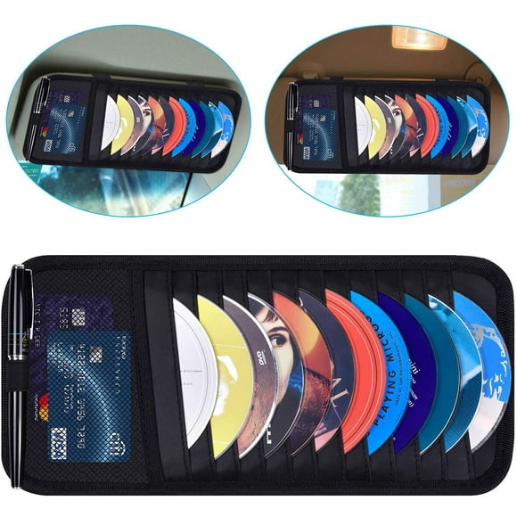 Étui Porte-CD pour Voiture, Organisateur Pare-Soleil de Véhicule Wisdompro pour Voitures avec 12 Pochettes de Rangement pour DVD, 1 Poche en Maille, 1 Stylo