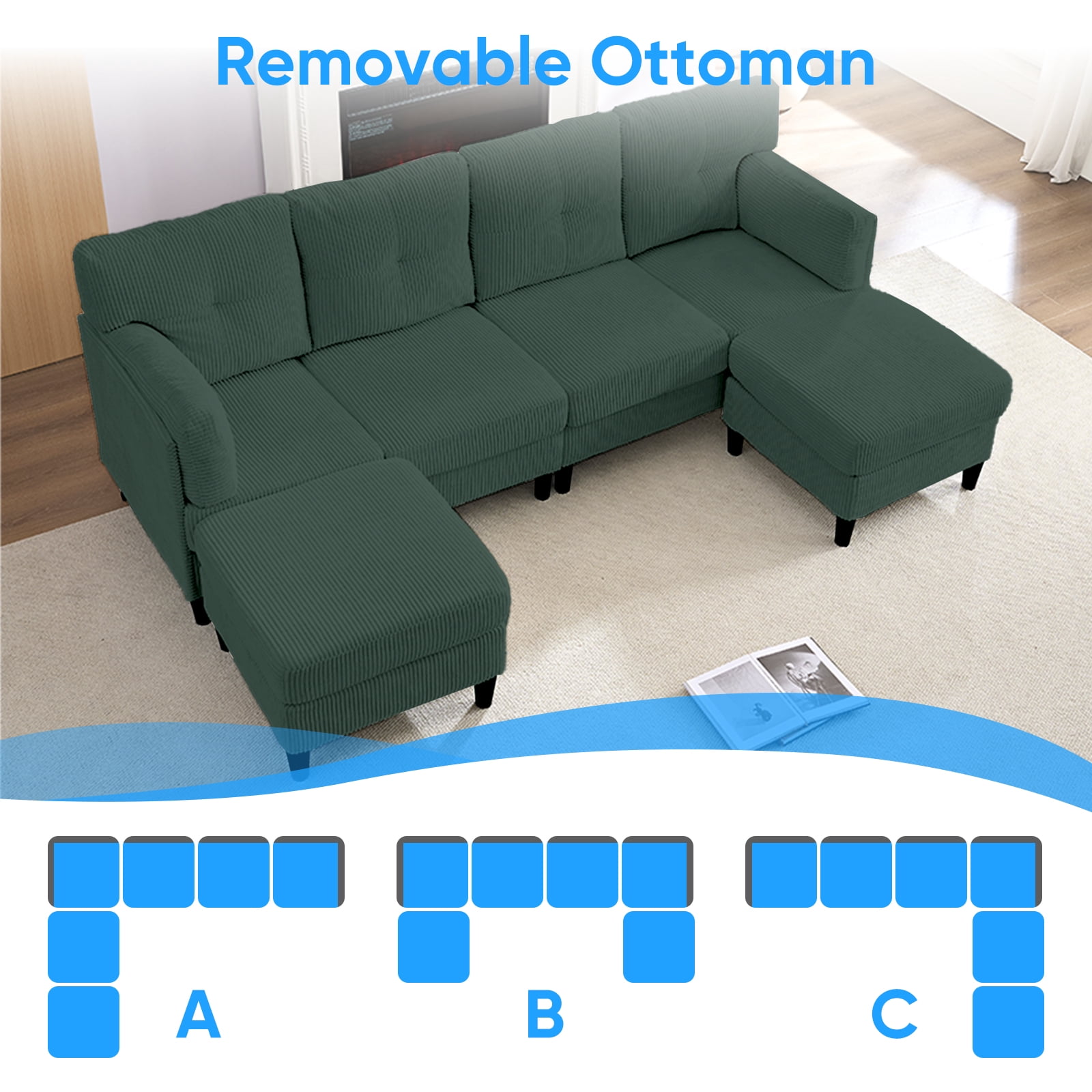 ijuicy Convertible U/L Shaped Sofa with Chaises, 6 Seater Couch for Living Room, Green