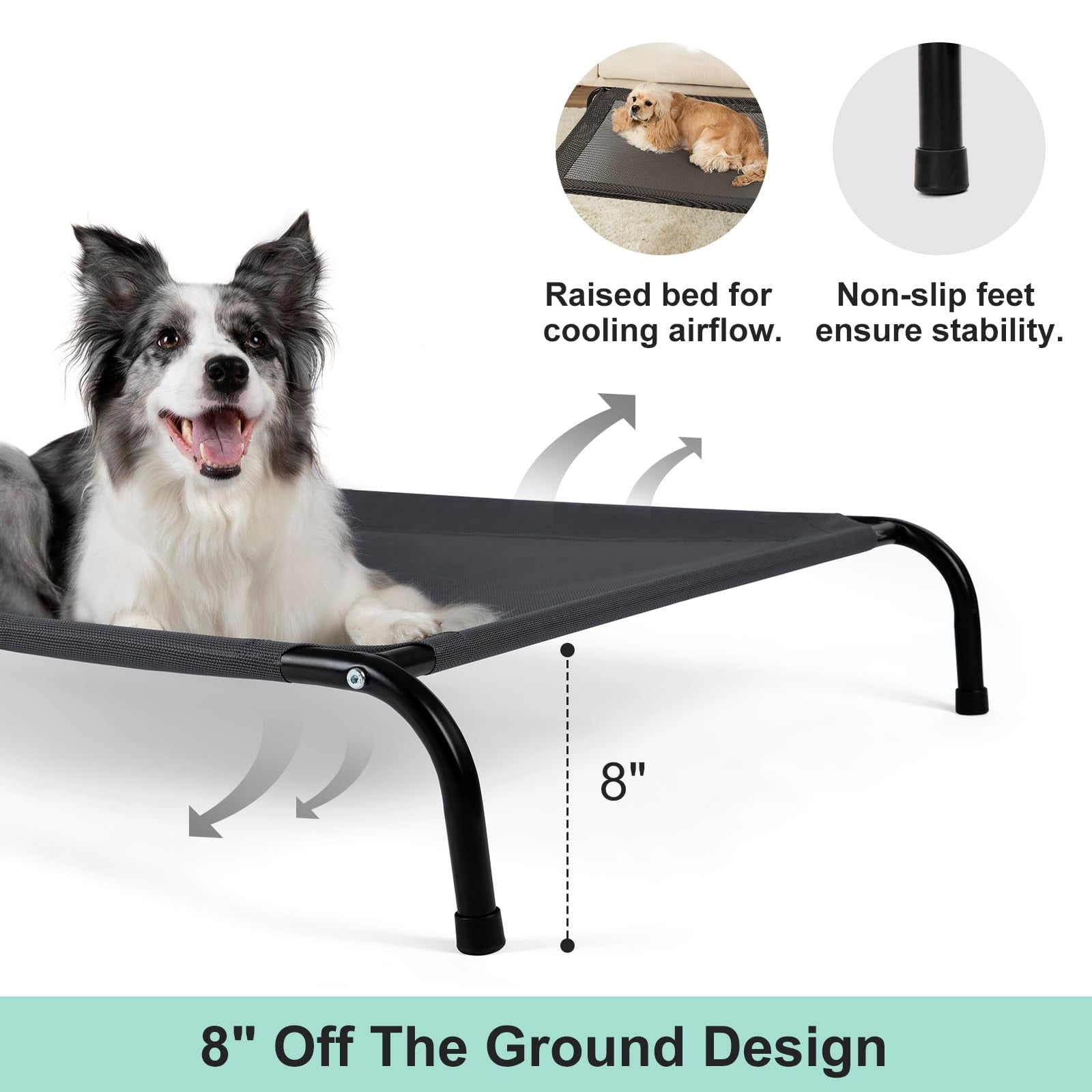 Elevated Dog Bed With Non-slip Floor Protectors & Breathable Mesh  Raised Indoor Outdoor Hammock 34" L X 22" W 8" Th Small Grey