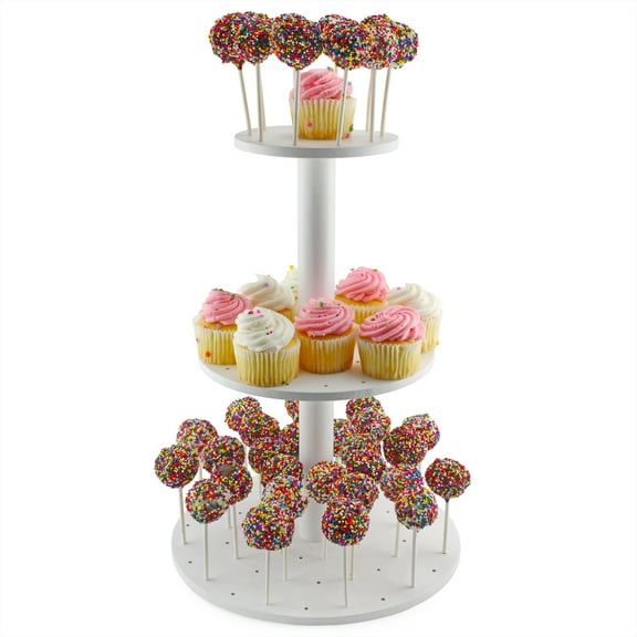 Darware Cake Pop / Cupcake Stand (3-Tiered); White Wooden Dessert Display for Parties and Special Events