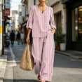 thumbnail image 4 of Women Striped Casual Two Piece Outfit, V-Neck Three Quarter Sleeve Top And Wide Leg Pants, Soft Loose Fashion Co-Ord Set For Everyday Leisure Wear Watermelon Red L, 4 of 7