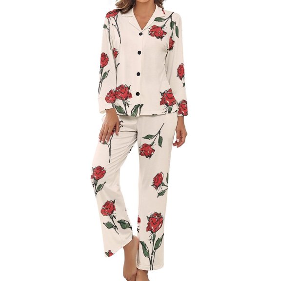 PoBuds Women's Long Sleeve Flannel Pajama Set Sleepwear Rose Pattern L