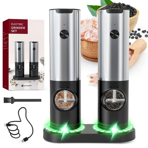 Electric Salt and Pepper Grinder Set, Sgokeen Automatic Electronic Spice Mill Shakers with USB Rechargeable, LED Light, Adjustable Coarseness, One Hand Operated, Stainless Steel