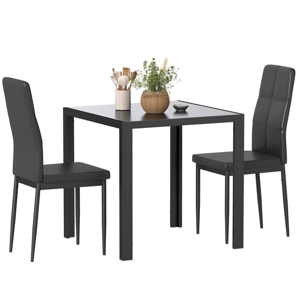 Black 3-Piece Rectangular Glass Dining Table Set with Metal Frame & Faux Leather Chairs for Kitchen or Dining Room - Compact Size