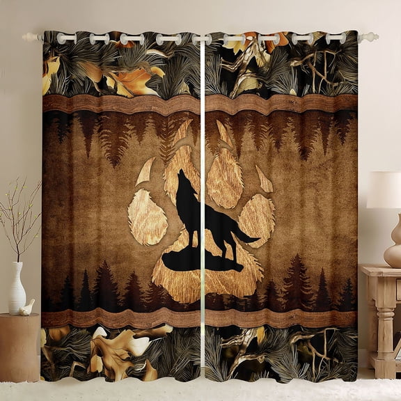 Homewish Safari Wolf Blackout Curtains Set of 2 (52x84 Each),Jungle Wildlife Window Curtains,Brown Green Curtains and Drapes For Boys Teens,Microfiber Bedroom Decor