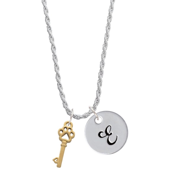 Delight Jewelry Goldtone Silvertone Small Open Paw Key Silvertone Script Initial Disc - E - Charm Necklace, 20"+3"