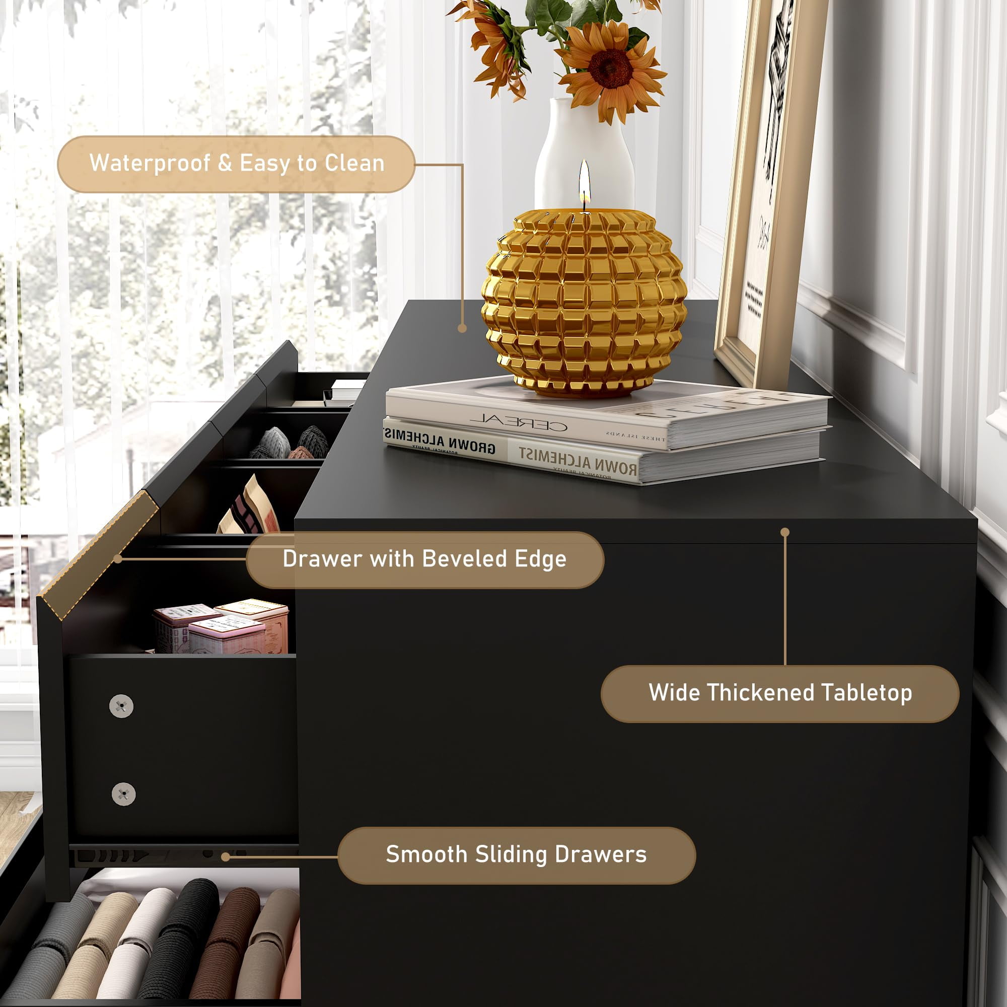 ChVans Black Malm 10 Drawers Dresser for Bedroom, 55" Wide 37" Tall Dresser with 10 Drawers, Modern Large Wood Chest of Drawer Handle Free, Living Room, Entryway, Hallway, Black