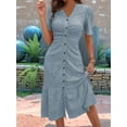 thumbnail image 2 of Women'S Short Sleeve V Neck Sundress Summer Casual Button Floral Dress with Pockets  Blue XL, 2 of 4