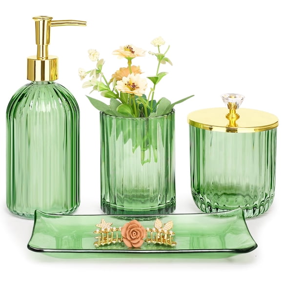 Juego de accesorios de baño Haturi Green Glass, 4 piezas con dispensador