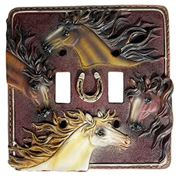 Urbalabs Western Cowboy Four Horses Rustic Horse Decorative Light Switch Outlet Wall Plate Covers Rustic Light Switch Covers Single Double 2 Gang Switch Plates (Double Switch)