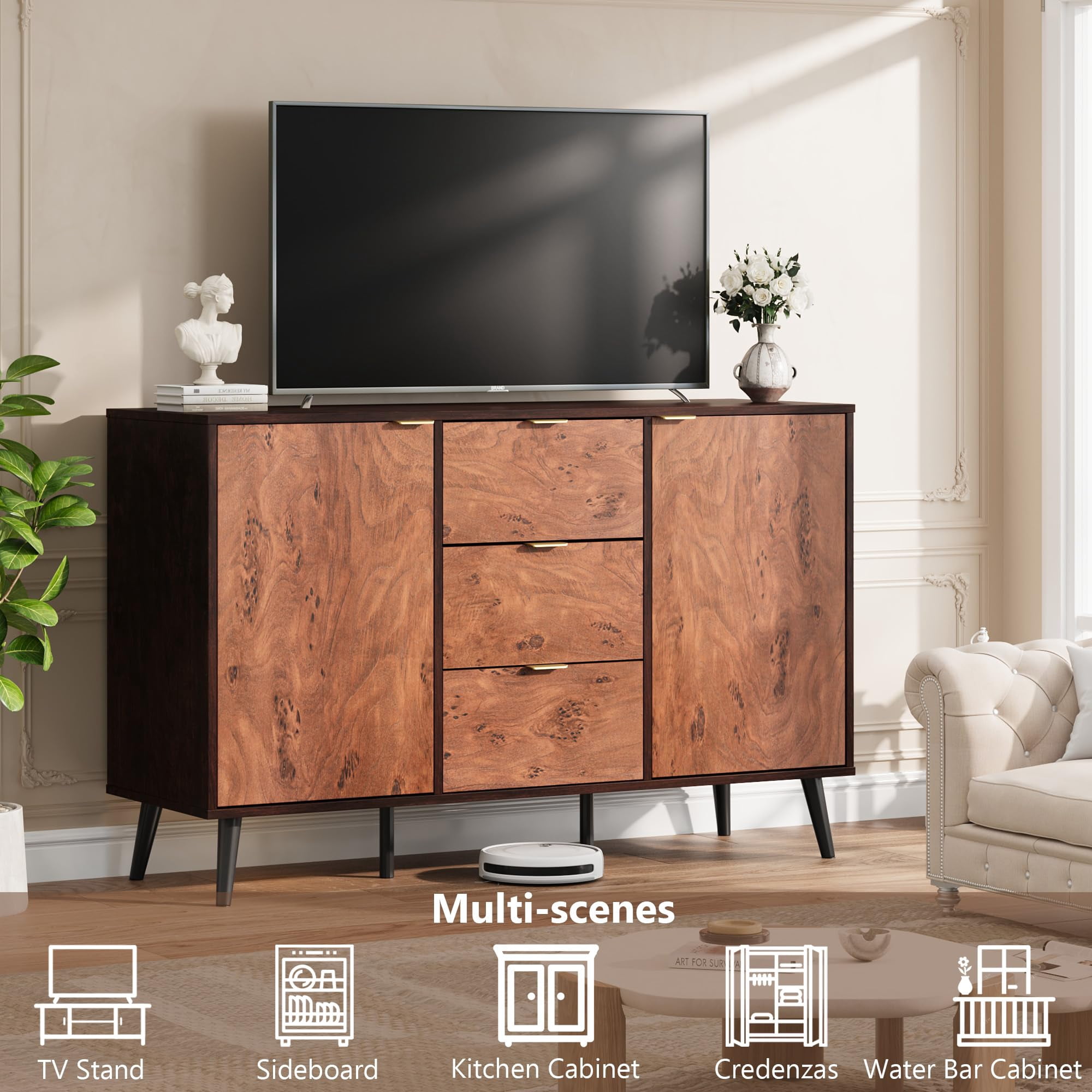 Luku 51" Mid-Century Modern Sideboard Buffet Cabinet, Large Credenza Storage with 3 Drawers, Doors & Shelves, Walnut Finish, Robot Vacuum Friendly, Anti-Tip Safety
