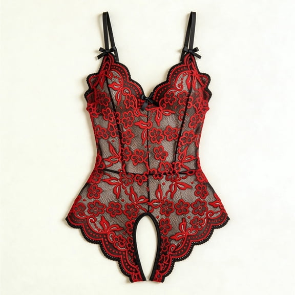 High Waisted Ladies Panties qinhaie Women's Halter Deep V Lace Bodysuit, One Piece Outfit, Breathable Stretchy Underwear Wine Red Intimates