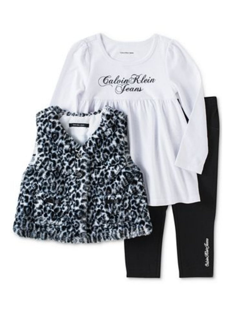 Calvin Klein Toddler Girls 3pc Outfit Leggings Shirt & Leopard Print Vest  Set 4T 
