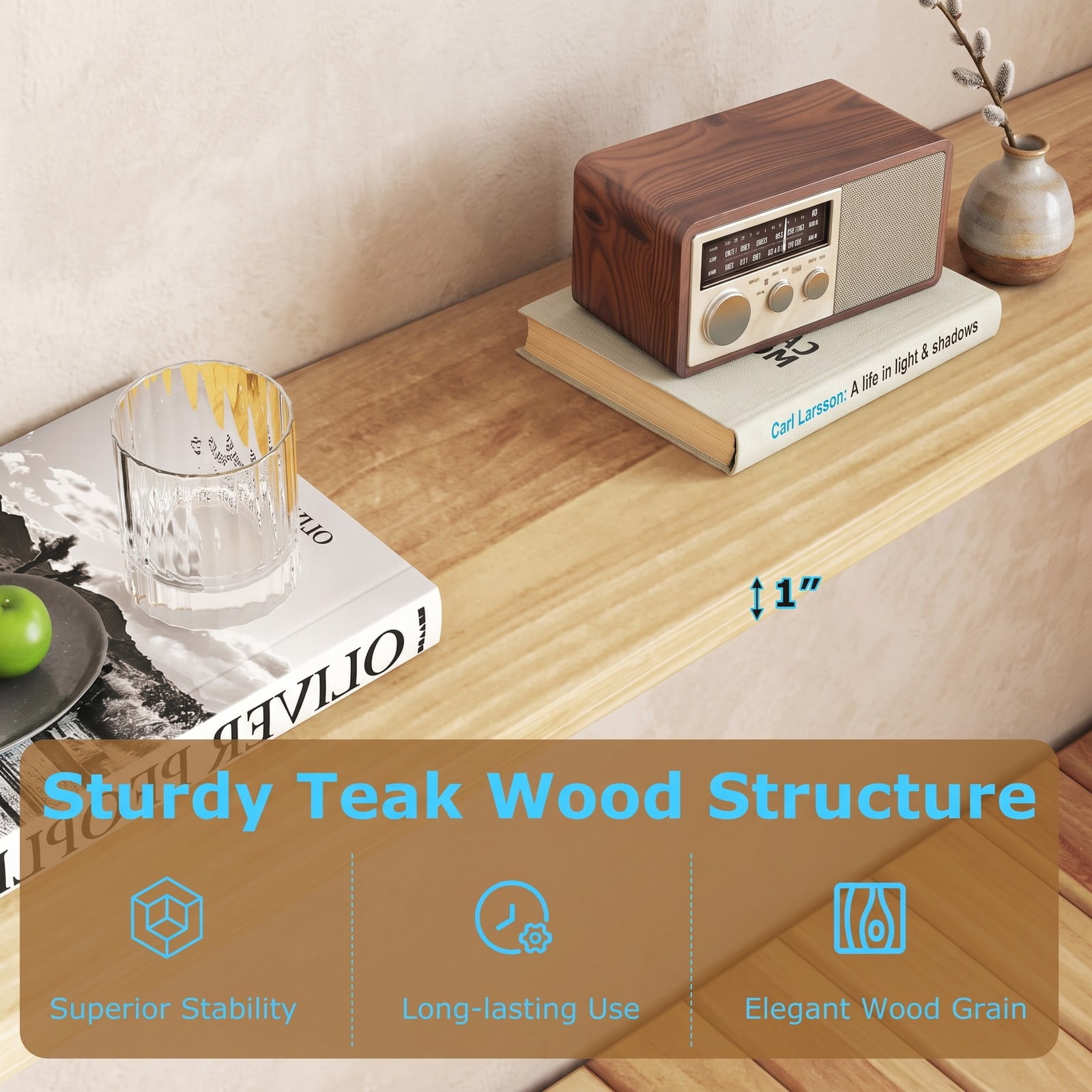 Furnibear 2-Tier Farmhouse Sofa Table with Solid Teak Wood Frame and Open Storage Shelf for Living Room and Entryway, Natural