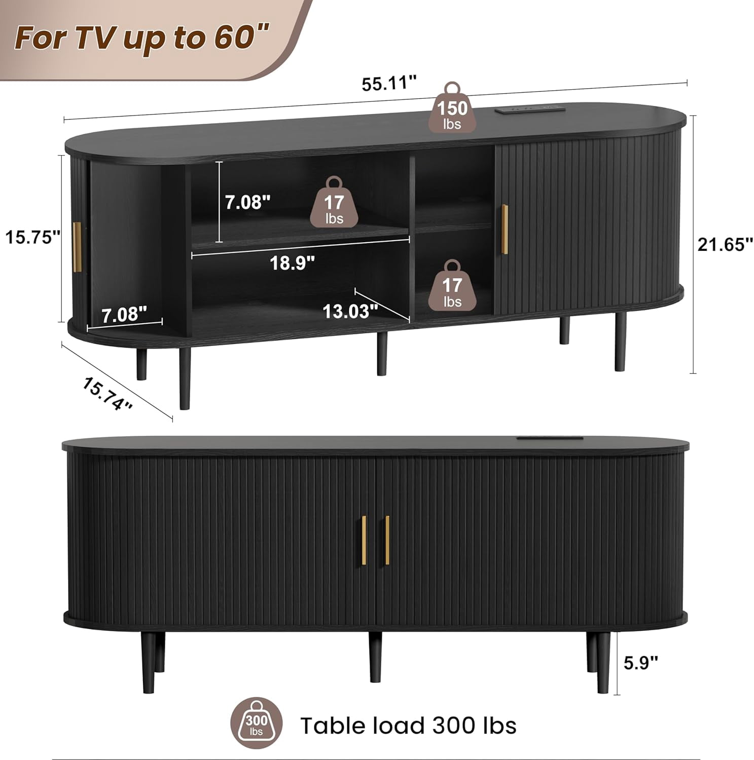 55 Inch Mid-Century Modern TV Stand with Power Outlet for TVs up to 60 Inches, Entertainment Center with Sliding Doors, Adjustable Shelves and Storage, Media Console for Living Room, Black