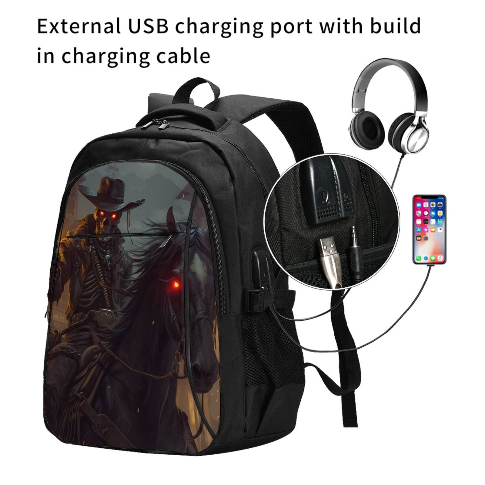 Vsdgher Cool Skull Western Cowboy Print Travel Laptop Backpack, Laptops Backpack with USB Charging Port, Water Resistant Computer Bag Gift for Men & Women