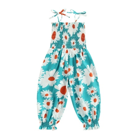 

BrilliantMe Toddler Infant Baby Girls Summer Jumpsuit Girls Tie-up Smocked Flower/ Leaf Print Spaghetti Strap Romper