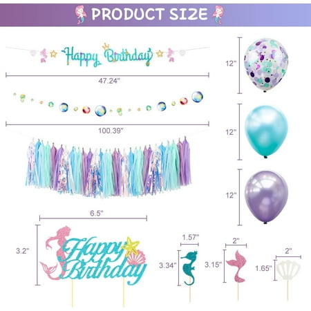 Mermaid Happy Birthday Decor Kit Banner Tassel Bubble Garland Jelly Fish Lanterns Balloons Cake Topper for Women Party Supplies