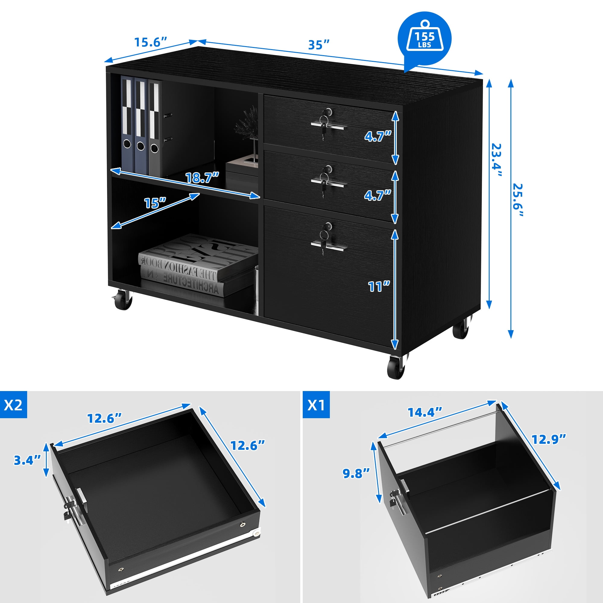 DEXTRUS 3 Drawer Lateral File Cabinet, Printer Stand with Drawers, File Cabinet Fits A4 Letter Legal Size Folders, Black