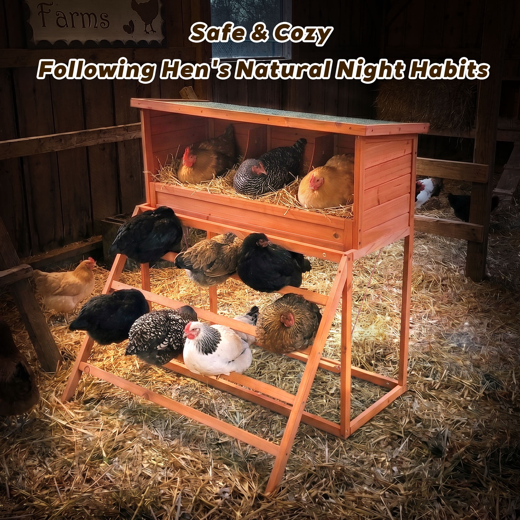 3-in-1 Wooden Chicken Nesting Box with Perch & Swing, 3 Compartments Fir Wood Poultry Laying Nest Box for Chickens Hens Ducks