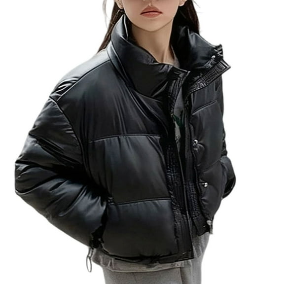 Women’s Cropped Puffer Jacket Winter Classic Quilted Bubble Coats Long Sleeve Stand Collar Full Zip Padded Down Outwear (M, Black)