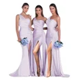 thumbnail image 1 of Vestido de dama de honor personalizado de un hombro para mujer, vestido de fiesta de sirena de satén plisado, vestidos de noche de fiesta de boda con abertura lateral larga, 1 of 5