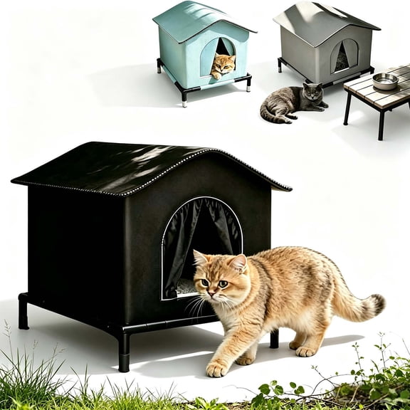 Outdoor Cat House for Feral Cats, Weatherproof Stray Cat Shelter, Insulated Elevated Outside Cat and Dog House, Waterproof Cat Tent Pet House for All Seasons _ Black _ 13"x13"x16"